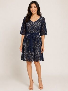 Navy Lace Fit-and-Flare Dress with Sash